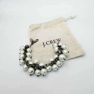 J Crew Faux Pearl and Rhinestone Cluster Dangle Bracelet 8 Inch w Dust Bag